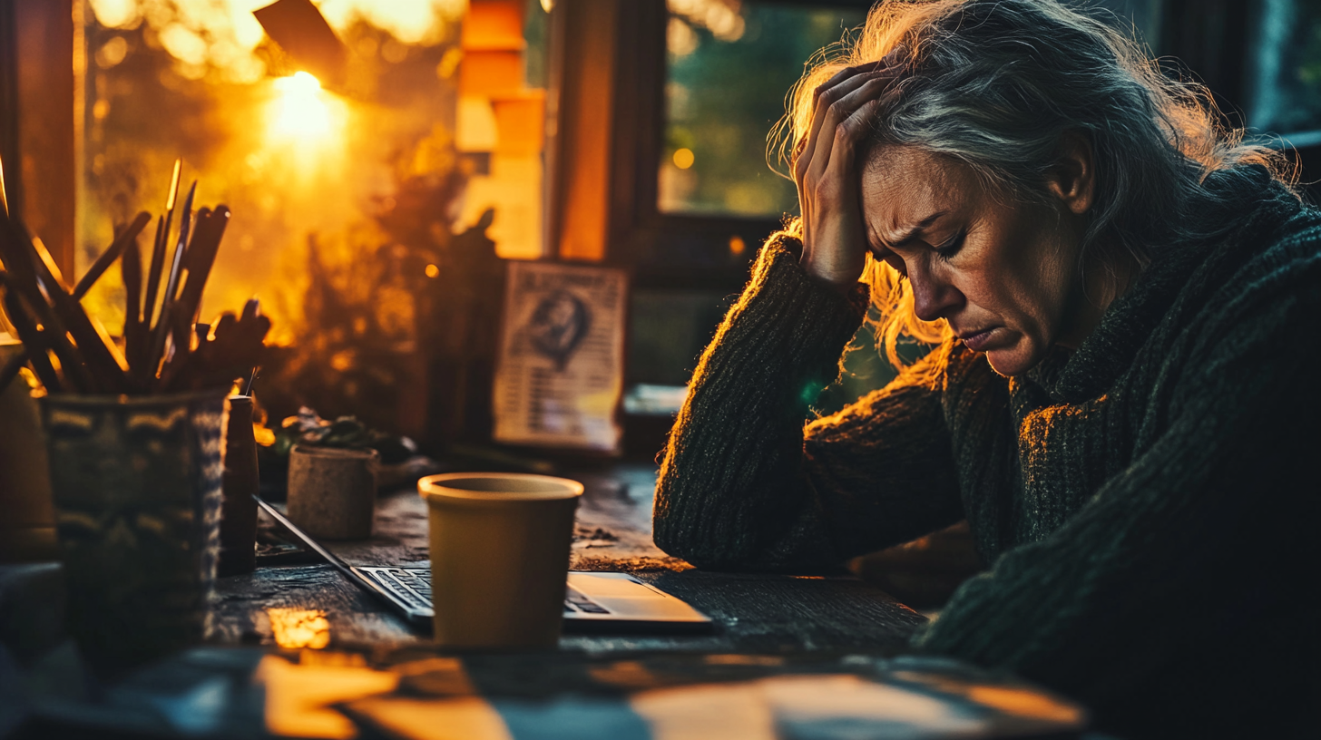 50-year-old woman, head in hands, overwhelmed by her life.